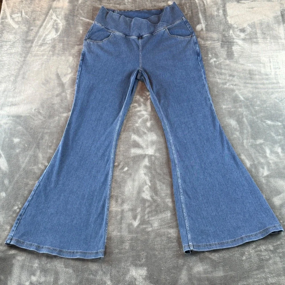 Halara Women Crossover Waist Flare Jeans Medium Wash Pull‎ On Size L High Rise